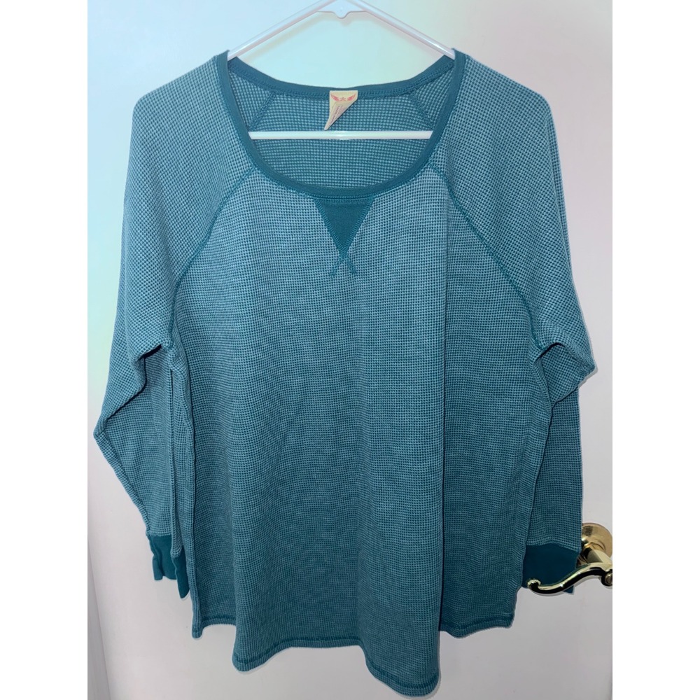 Faded Glory Womens 2X Teal Blue Waffle Knit Thermal Long Sleeve Top Raglan Shirt